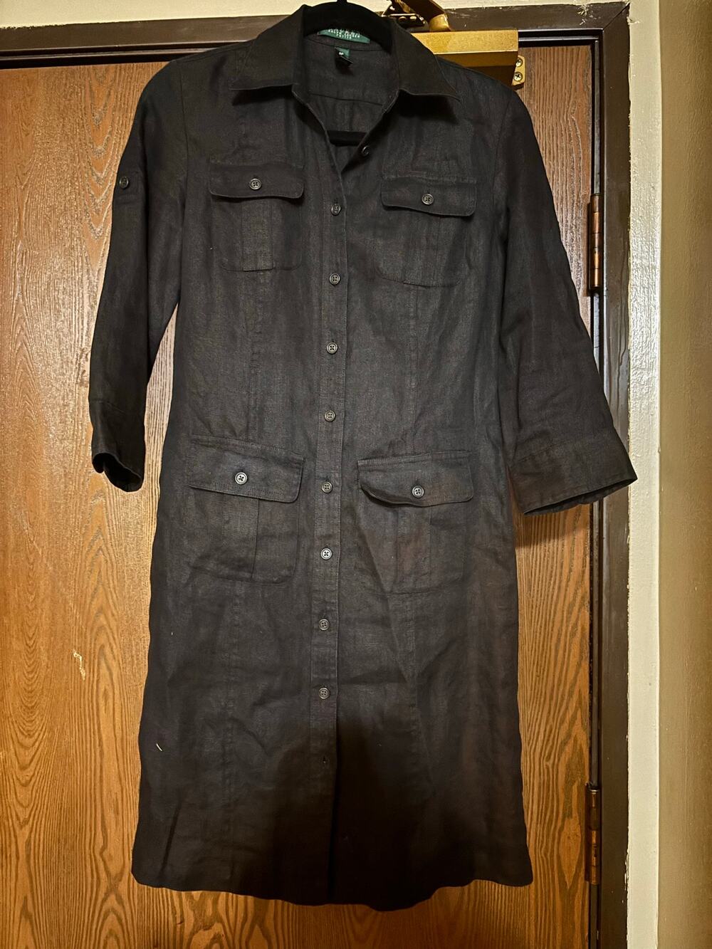 NWOT Ralph Lauren Black Linen Fall Preppy Button- Down Collared Midi Dress